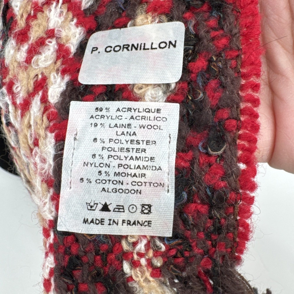 P. Cornillon, Made In France, Knit Wool Blend Scarf, Red Browns Gray With Fringe - Picture 2 of 6